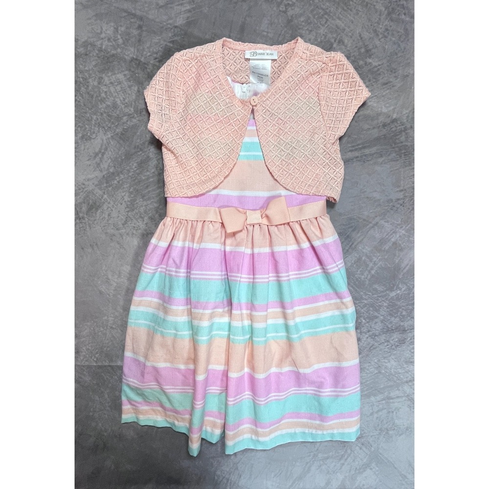 Bonnie Jean Cardigan Dress Set Girls 4T Multi Pastel Striped Bow Detail Holiday